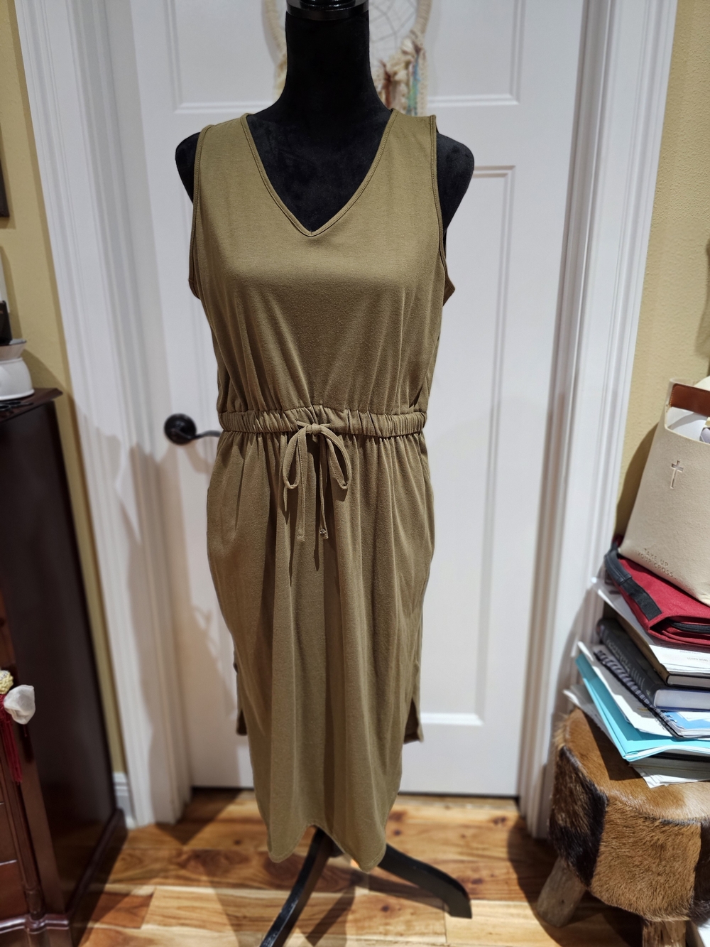 Zenana Outfitters Olive Sleeveless Drawstring Midi Dress